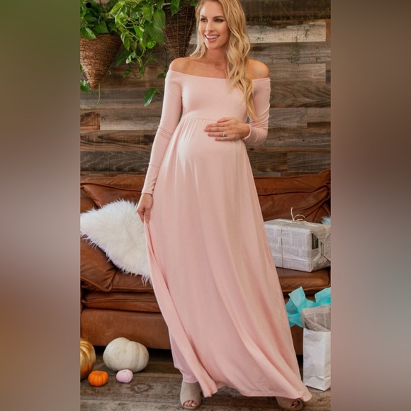 PinkBlush Petite Pink Solid Off Shoulder Maternity Maxi Dress -Size Small Long - Picture 7 of 12